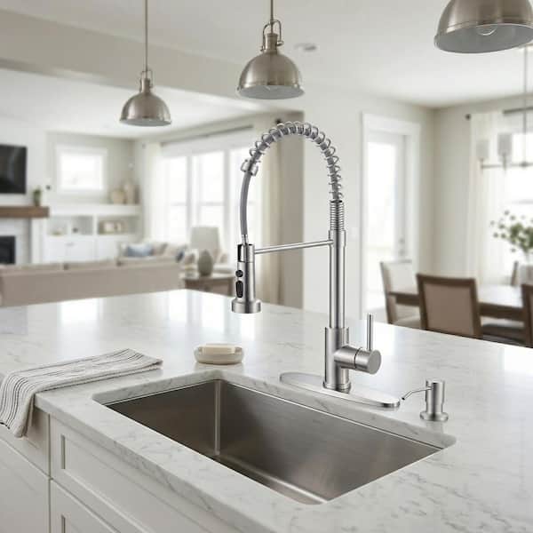 20.3 in. Single Handle Pull Down Kitchen Faucet with Soap Dispenser and 360° Spout Swivel in Brushed Nickel