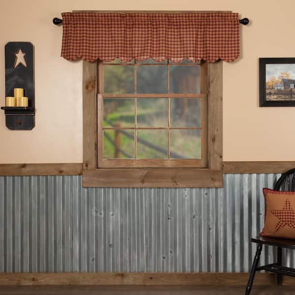 Scalloped Check 60 in. L x 16 in. W Cotton Valance in Burgundy Khaki