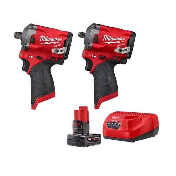 Milwaukee M12 FUEL 12-Volt Lithium-Ion Brushless Cordless Stubby 1/2 in. and 3/8 in. Impact Wrenches with Battery and Charger