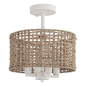 11.8 in. 4-Light Distressed White Farmhouse Drum Semi-Flush Mount Ceiling Light Fixture with Hand Woven Shade