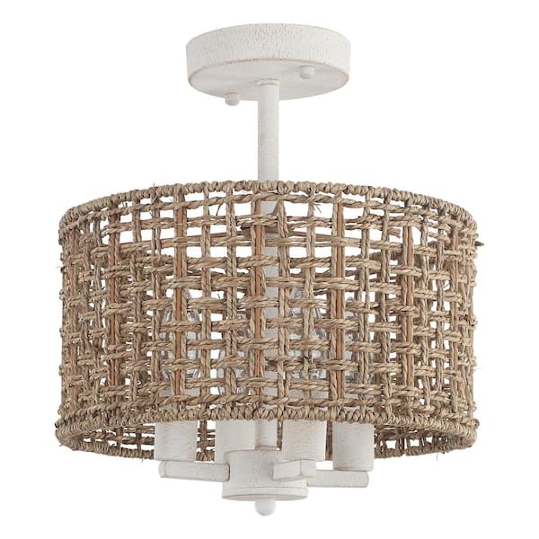 ADSENSTY 11.8 in. 4-Light Distressed White Farmhouse Drum Semi-Flush Mount Ceiling Light Fixture with Hand Woven Shade