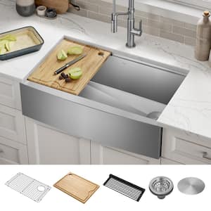 Kore 16-Gauge Stainless Steel 33 in. Single Bowl Farmhouse Apron Workstation Kitchen Sink with Accessories