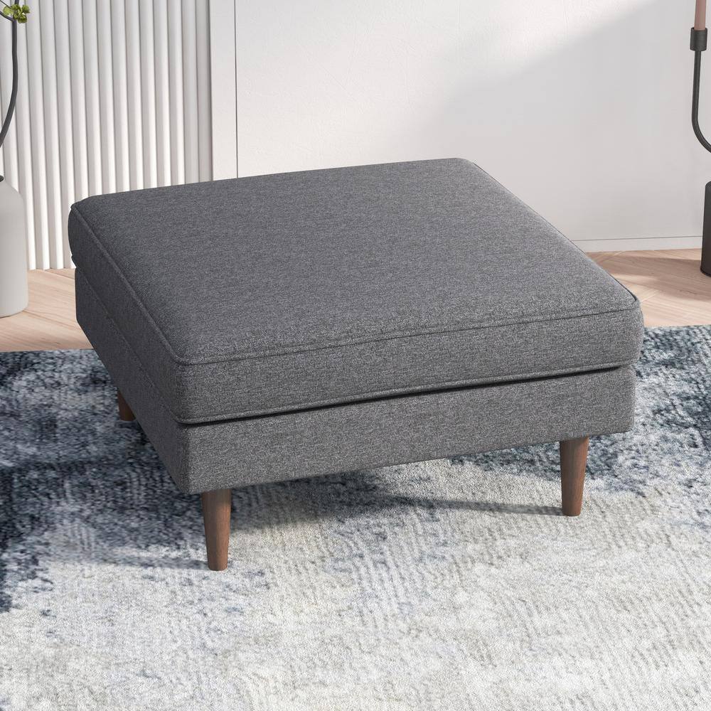 Modern Gray Linen Square Cocktail Ottoman with Solid Wood Legs