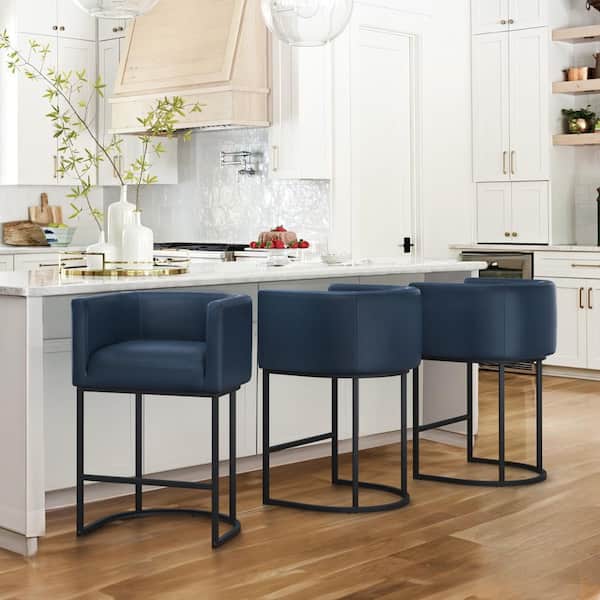 Jessica 26 in. Navy Counter Bar Stool Faux Leather Upholstered Barrel Counter Stool with Metal Frame (Set of 3)
