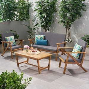 4-Piece Brown Wood Patio Conversation Set with Gray Cushions