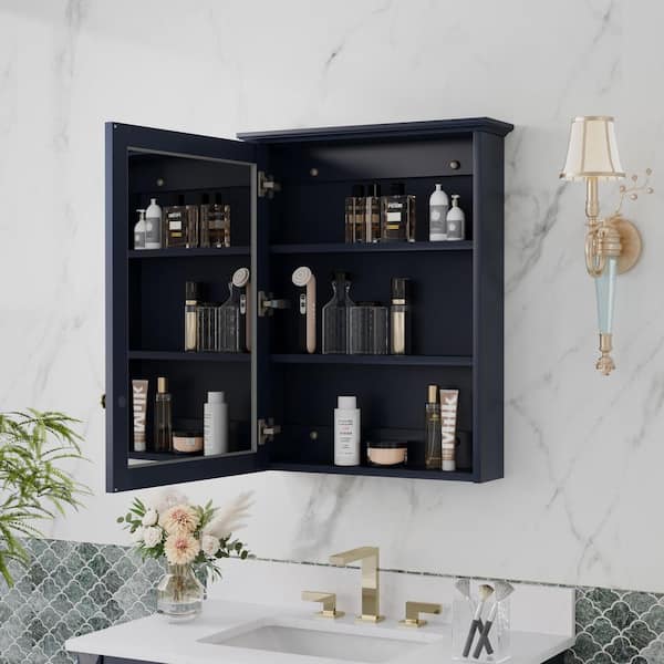 24 in. W x 30 in. H Medium Rectangular Navy Blue Solid Wood Wall Mount Soft Close Medicine Cabinet with Mirror,Assembled
