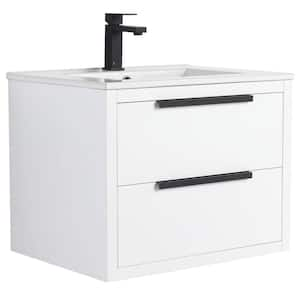 Kingsford 24 in. Single Wall Mounted White Bath Vanity with Drawers with White Ceramic Sink Top