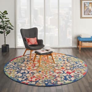 Aloha Easy-Care Multicolor 8 ft. x 8 ft. Round Moroccan Modern Indoor/Outdoor Patio Area Rug