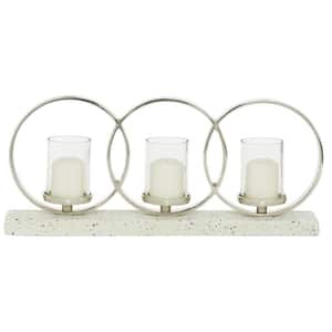 9 in. White Aluminum Pillar 3 Glass Sleeve Candelabra with Aluminum Accents