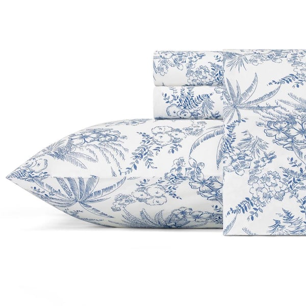 Tommy Bahama Pen and Ink Palm 4-Piece Indigo Blue Cotton Queen Sheet Set