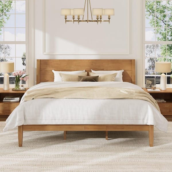 Natural Yellow Wood Minimalist Modern Solid Wood Bed Frame King Platform Bed with Slanted Headboard, Easy Assembly