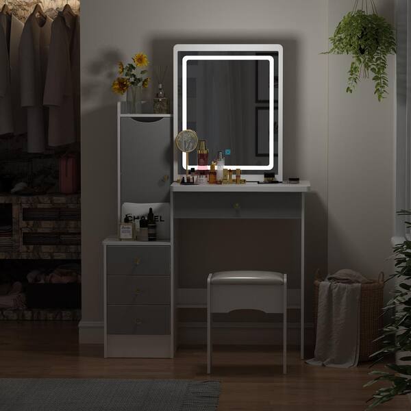 FUFU&GAGA White Modern Makeup Vanity Desk 9 Drawers Wood Dressing Table  With 3 Mirrors, Hidden Storage Shelves, LED Lighted KF210213-01 - The Home  Depot