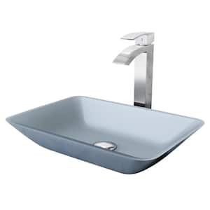 Matte Shell Sottile Glass Rectangular Vessel Bathroom Sink in Blue with Duris Faucet and Pop-up Drain in Chrome