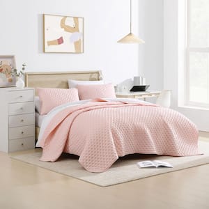 All-Season 3-Piece Rose Blush Solid Color Debossed Flower Microfiber Full/Queen Quilt Set