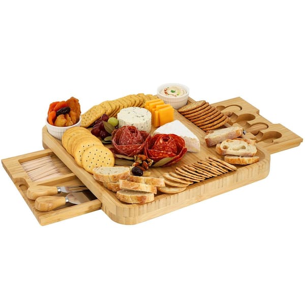 14.1 in. Bamboo Charcuterie Cheese Board Set with Ramekins and Slide Out Cutlery Drawer