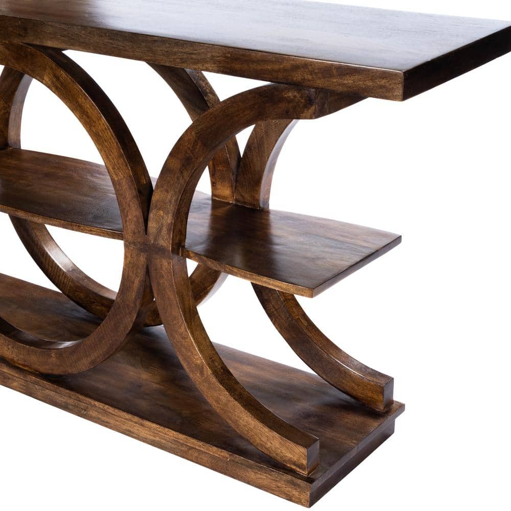 Stowe Solid Mango Wood and Glass 3-Tier Console Table in Dark Brown