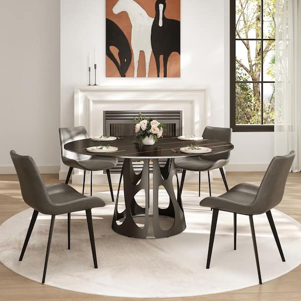 59 in. Black Round Sintered Stone Tabletop with Black Metal Pedestal Base Dining Table (Seats-8)