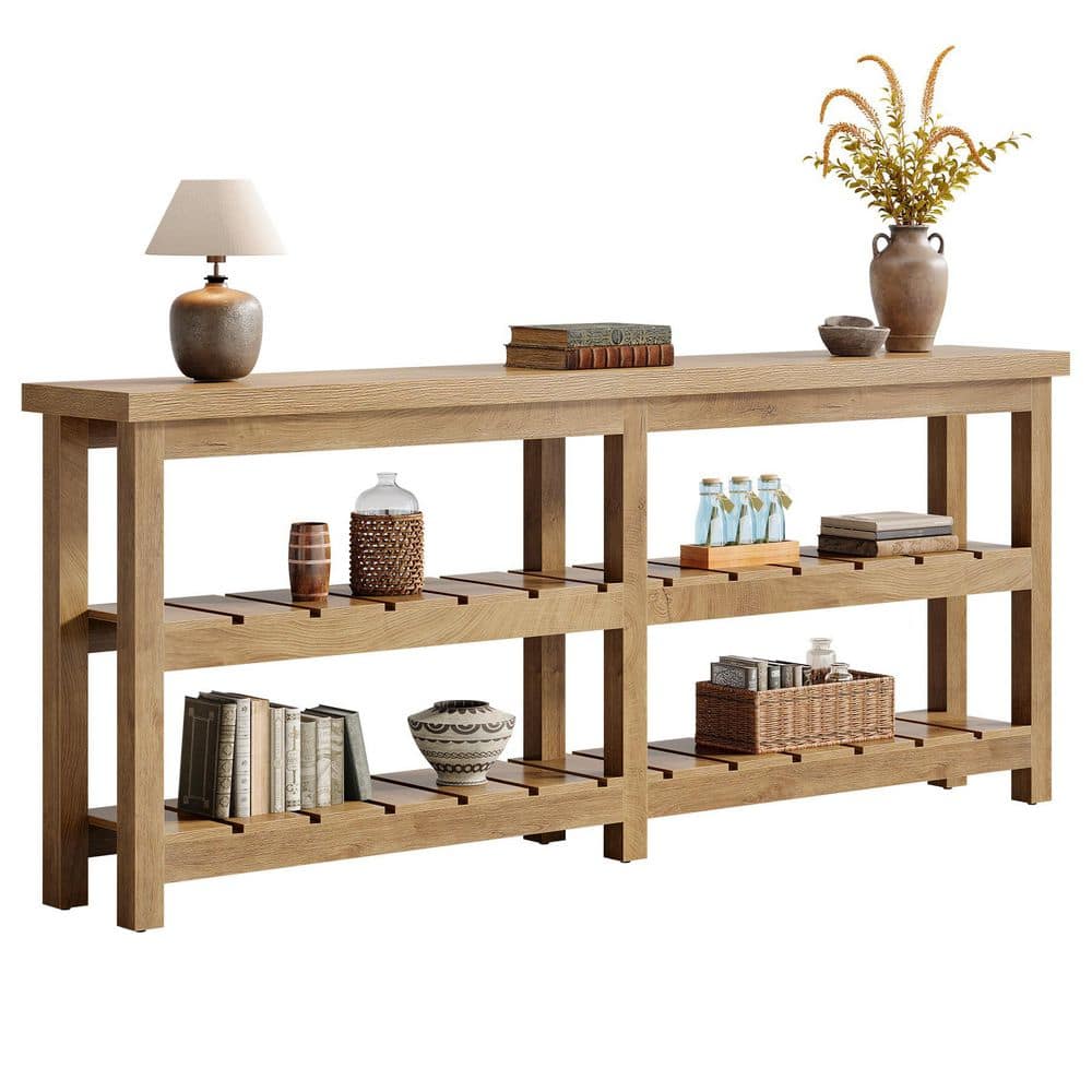 BYBLIGHT Turrella 70.9 in. Brown Extra Long Entry Table with 3-Shelf ...