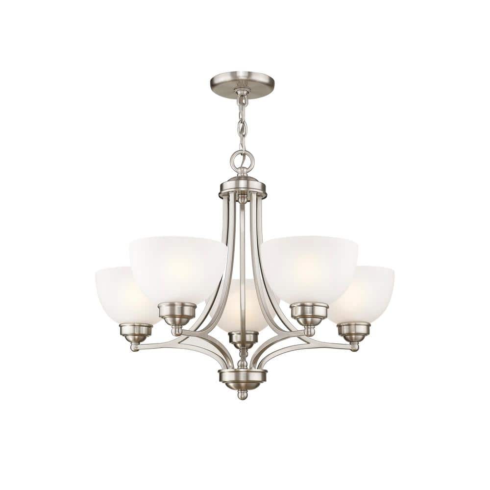 25" Brushed Nickel and Satin Glass 5-Light Chandelier
