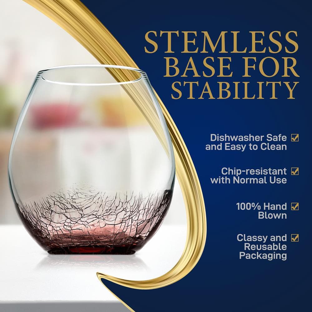 Hand-Blown Crystal Stemless Wine Glasses with Ice Crack Effect, Set of 4