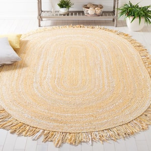 Braided Beige Doormat 3 ft. x 5 ft. Striped Solid Color Oval Area Rug
