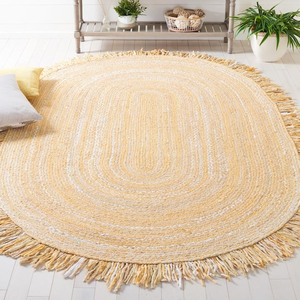 Braided Beige 5 ft. x 8 ft. Striped Solid Color Oval Area Rug
