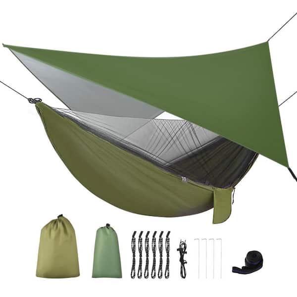 Camping Hammock with Rain Fly Tarp Bed Net and Tree Strap for Hiking Travel and Yard Outdoor Green (1-Pack)