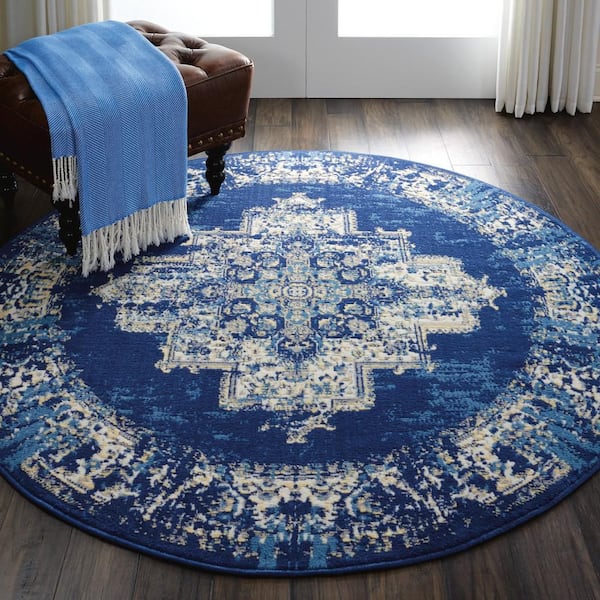 Grafix Navy Blue 5 ft. x 5 ft. Persian Medallion Transitional Round Rug