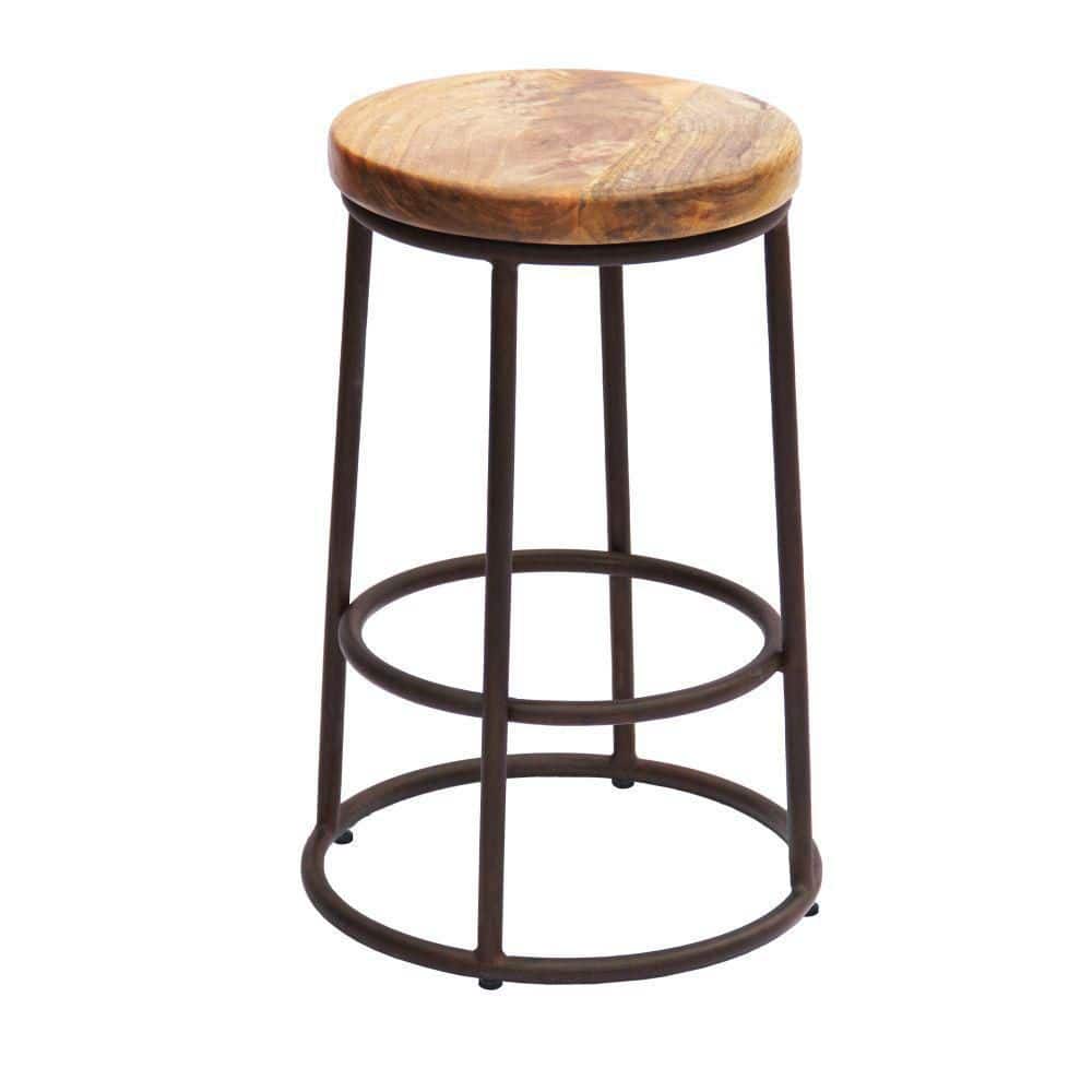 THE URBAN PORT 24 in. Mango Wood Brown and Black Counter Height Bar Stool with Iron Base UPT