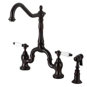 English Country Double Handle Deck Mount Bridge Kitchen Faucet with Brass Sprayer in Oil Rubbed Bronze