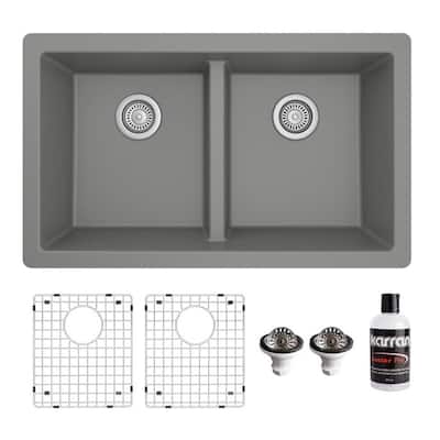 QU-810 Quartz/Granite 32 in. Double Bowl 50/50 Undermount Kitchen Sink in Grey with Bottom Grid and Strainer