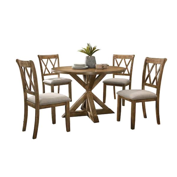 Brown Wood 5-Piece Dining Set with Gray Cushions for Dining Room, Kitchen, Patio,Indoor and Outdoor
