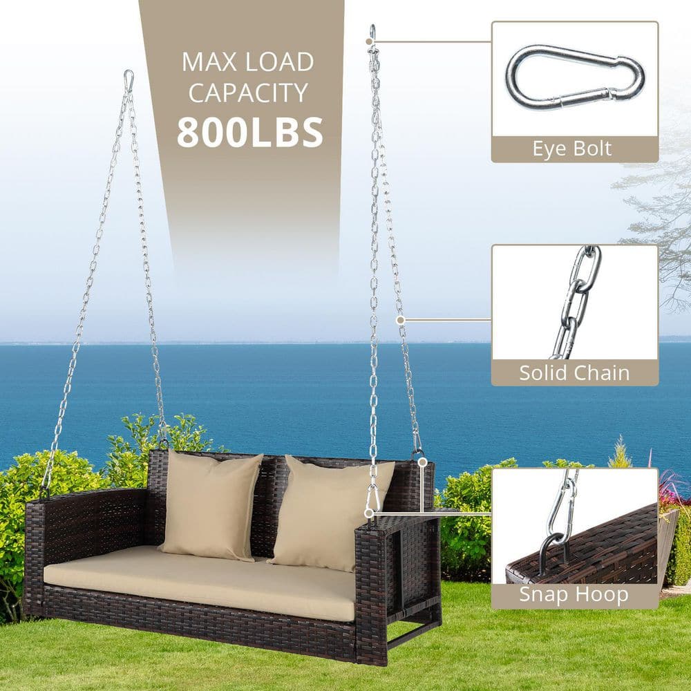 Brown Wicker Steel Porch Swing with Beige Cushions