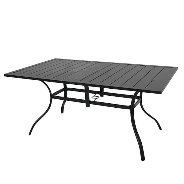 Zeus & Ruta 1.57 in. Black Metal Outdoor Rectangle Dining Table for 6 with Umbrella Hole for Backyard, Lawn