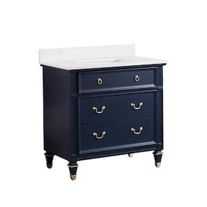 Allen 36 in. W x 22 in. D x 35 in. H Bath Vanity in Navy Blue with Carrera White Vanity Top with Single White Basin