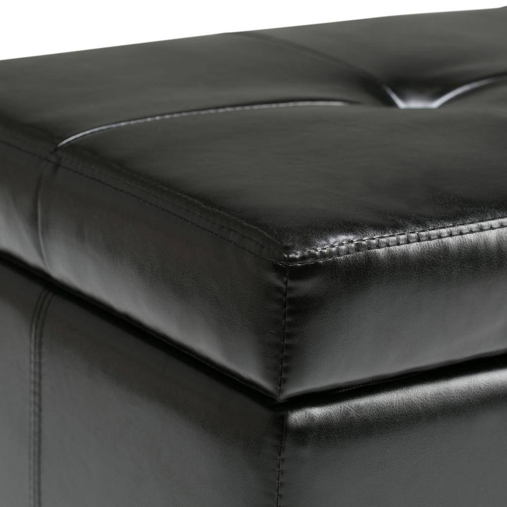 Midnight Black Bonded Leather Tufted Storage Ottoman Bench