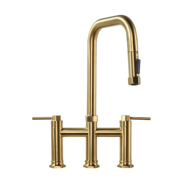 Double Handle Bridge Kitchen Faucet in Gold