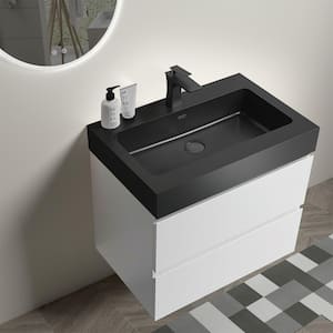 24.0 in. W x 18.1 in. D x 25.2 in. H Modern Floating Bathroom Vanity with 2 Drawers and Black Quartz Sand Sink in White