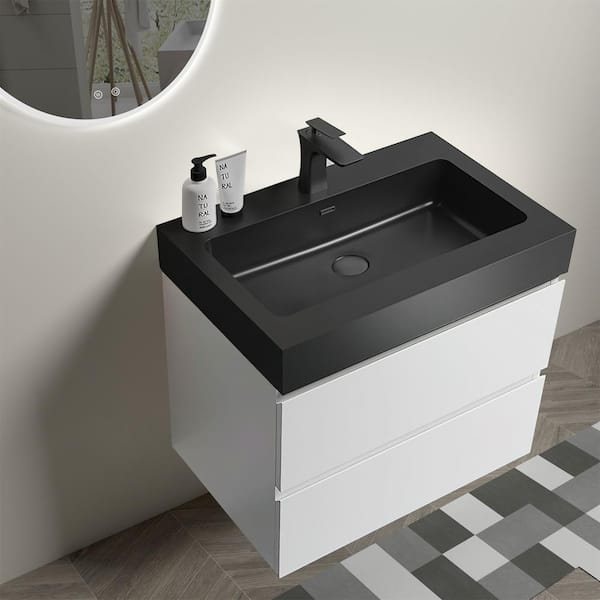 31 Black & White Floating Bathroom Vanity Faux Marble Top Ceramic