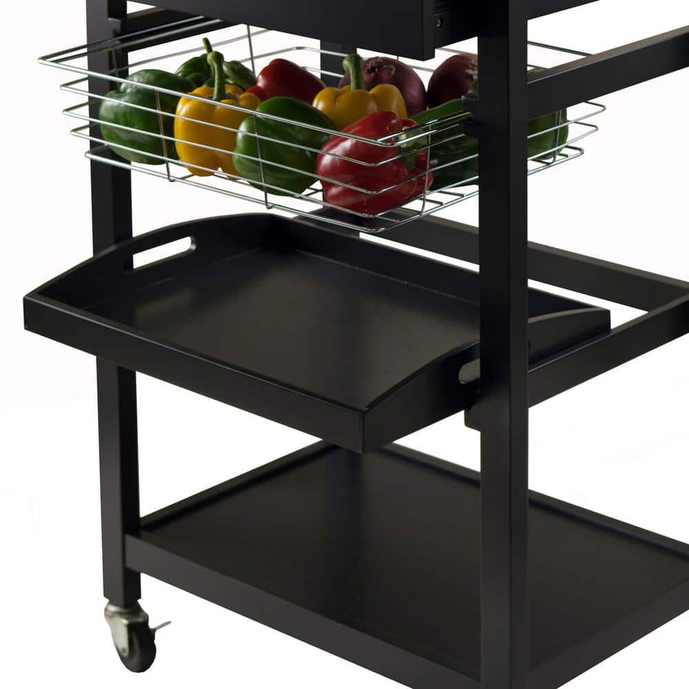 Transitional Julia Granite Top Black Kitchen Cart with Storage