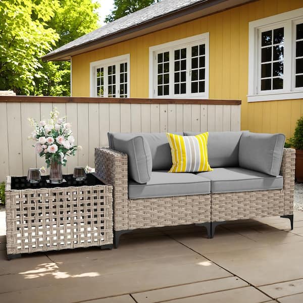 Holston 3-Piece Wicker Outdoor Patio Conversation Chair Loveseat Set with a Solar-LED Table and Dark Grey Cushions