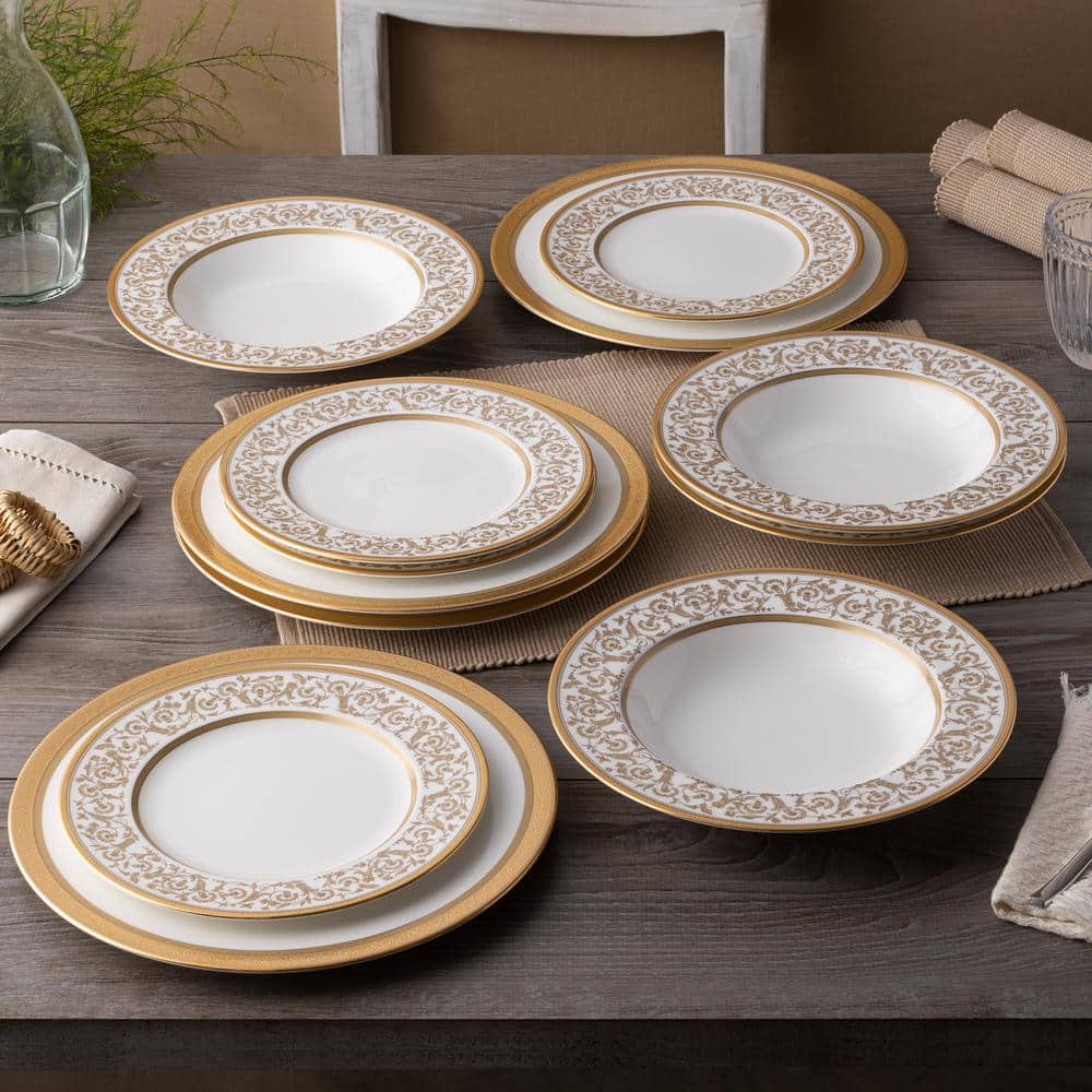 Gold Trimmed Floral Porcelain 12-Piece Dinnerware Set