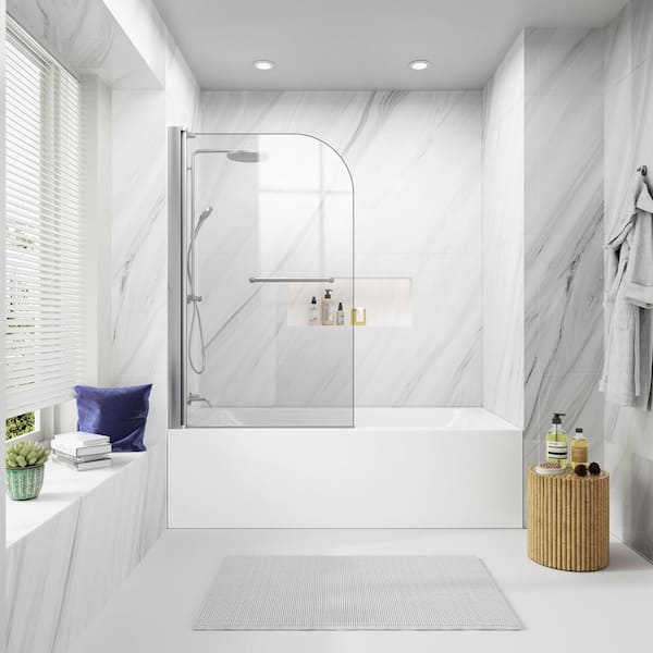 Unbranded 34 in. W x 58 in. H Sliding Semi-Frameless Shower Door in Brushed Nickel with Clear Glass