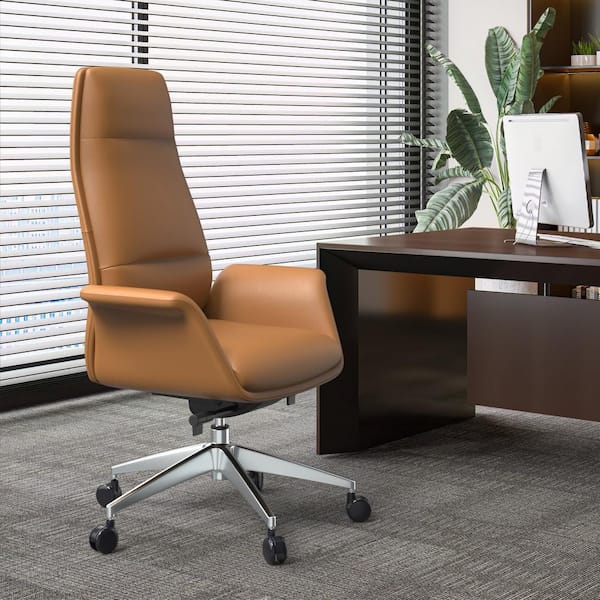 Leisuremod Celeste Faux Leather Adjustable Height Ergonomic Office Chair Swivel and Tilt in Light Brown with Nonadjustable Arms