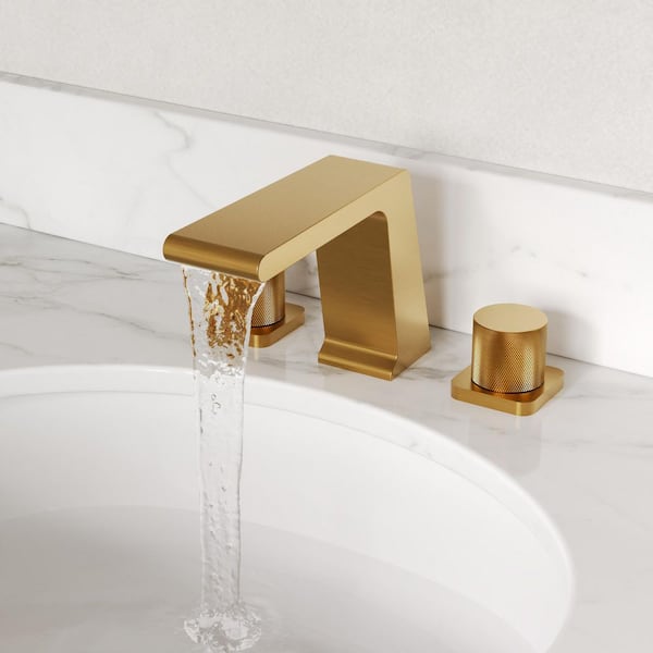 8 in. Widespread Double Handle Waterfall Bathroom Sink Faucet with Brass Valve and Pop-up Drain in Brushed Gold (1-Pack)