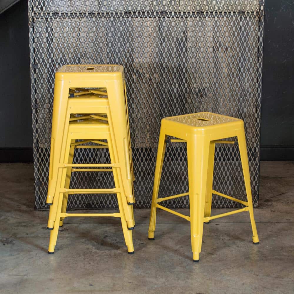 24" Gold Stackable Metal Backless Bar Stools, Set of 4