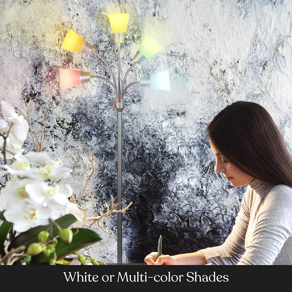 Silver 78" Adjustable 5-Light LED Floor Lamp with White Shades