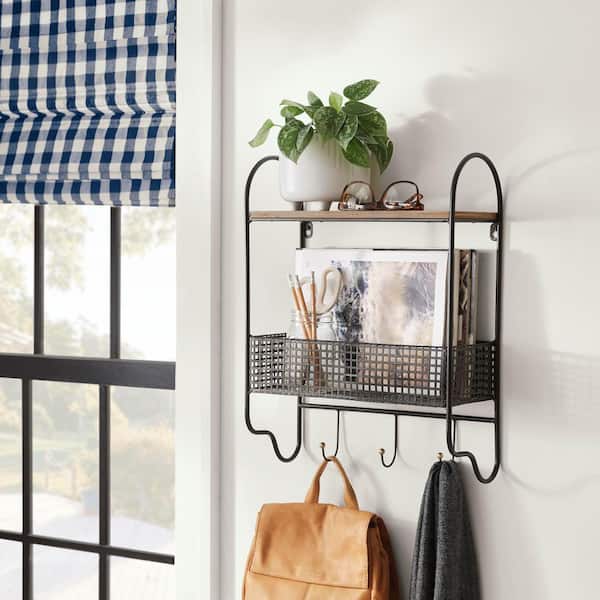 StyleWell 20 in. H x 15 in. W x 6 in. D Black Metal Wall Organizer with  Basket and 3 Hooks C180601XX - The Home Depot
