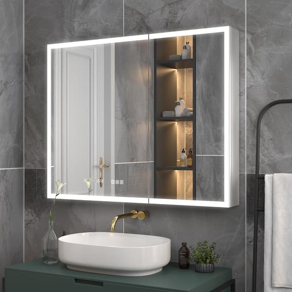 40 in. W x 32 in. H, Rectangular Silver Aluminum Recessed/Surface Mount Medicine Cabinet with Mirror, LED and Clock