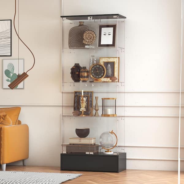 Glass 70.9 in. H Accent Storage Cabinet Display Curio Case in Black with Tempered Glass Shelves and Doors, Drawer, Lock